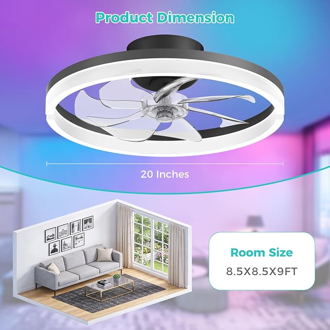 RGB Ceiling Fans with Lights and Remote, 20 Inch Flush Mount Low Profile Ceiling Fan with Light,3000K-6500K Dimmable,Modern LED Fandelier Ceiling Fan for Bedroom Living Room (Black)