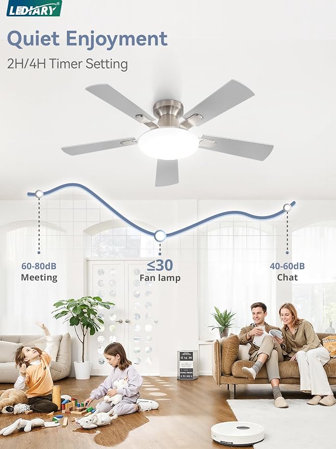 42 Inch Ceiling Fan with Lights and Remote, 30W 12" LED Panel Flush Mount Ceiling Fan, 6-Speed Quiet DC Motor Modern Low Profile Ceiling Fan with Reversible Blades for Bedroom, Living Room, Patio