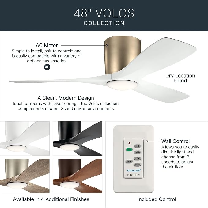 Kichler Volos 48” Indoor Ceiling Fan with LED Light and Wall Control in Champagne Bronze, Contemporary Ceiling Fan with Light, 300032CPZ