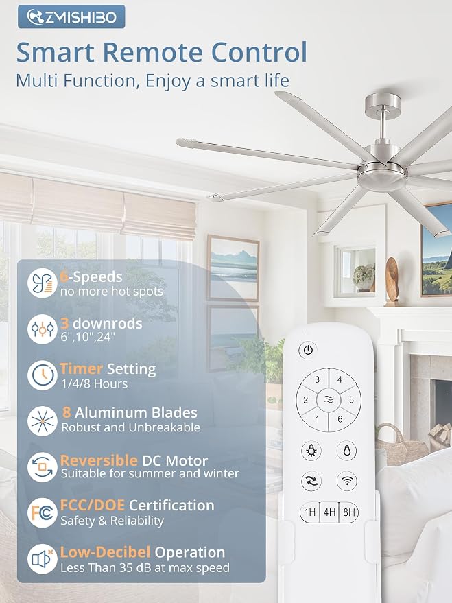 ZMISHIBO 84" Large Industrial Ceiling Fans No light with Aluminum 8 Blades, Commercial Ceiling Fan without Light, Quiet DC Motor, 6 Speeds, Indoor Outdoor Ceiling Fan for Patio, Garage, Shop,Nickel