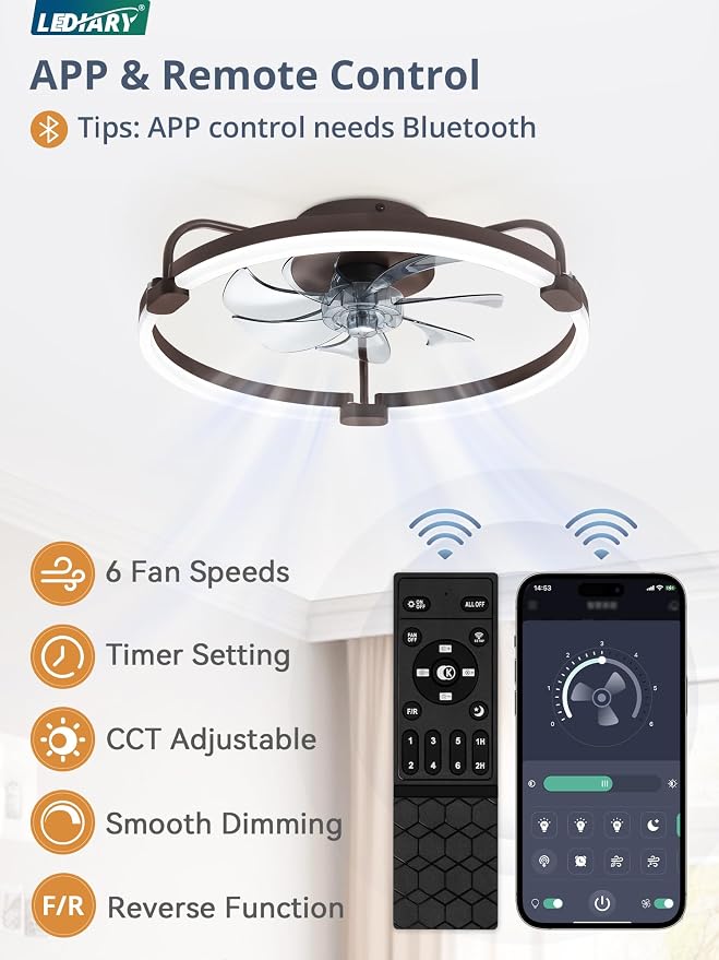 LEDIARY Ceiling Fans with Lights and Remote, 20'' Low Profile Ceiling Fan with Light, 3000-6000K Dimmable Fandelier LED Fan Light, 6 Wind Speeds, Brown Modern Flush Mount Ceiling Fan for Bedroom
