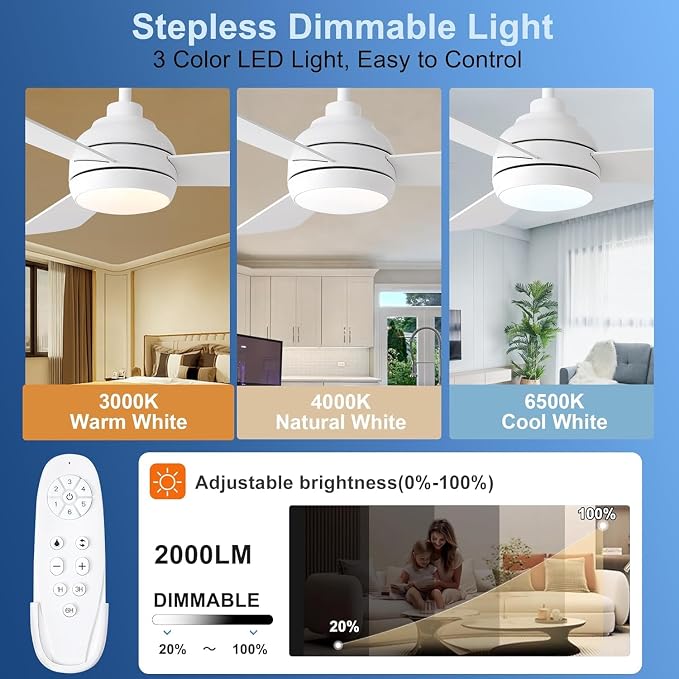 42 Inch Downrod Ceiling Fan with Light, 3 Wood Blades, White | Remote Control,Reversible Quiet DC Motor,Wood Blades,6-Speed,3CCT Dimmable LED for Bedroom,Living Room