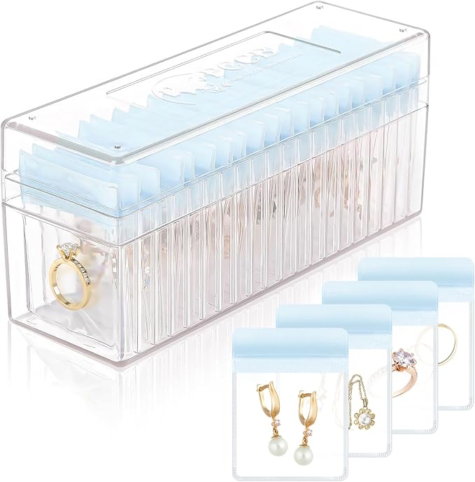 HOMEHIVE Acrylic Jewelry Box Organizer, Clear Jewelry Organizer Holder with 20 Portable Anti Tarnish Jewelry bags, Travel Jewelry Case for Earrings/Rings/Necklaces for Women Girls, Blue