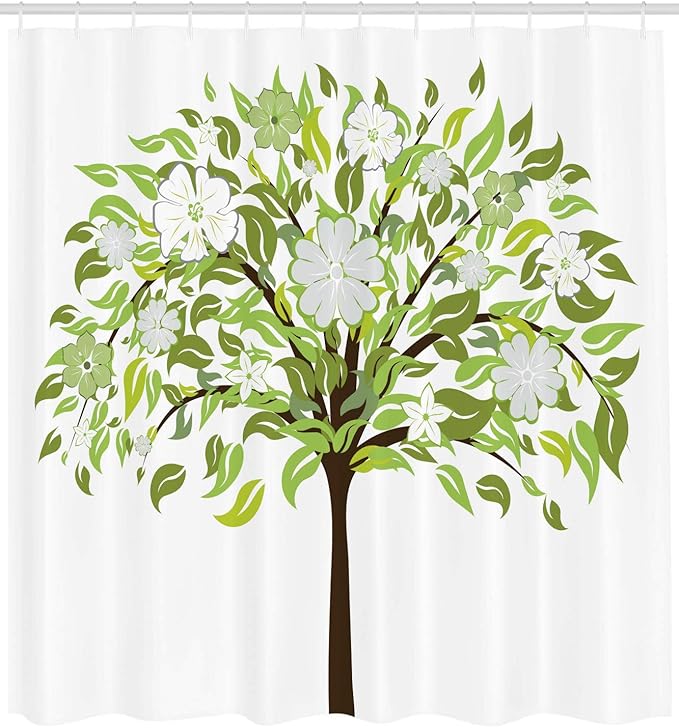 Ambesonne Nature Shower Curtain, Summer Tree with Flourishing Flowers Spring Blossoms Seasonal Print, Cloth Fabric Bathroom Decor Set with Hooks, 69" W x 84" L, Green Brown White