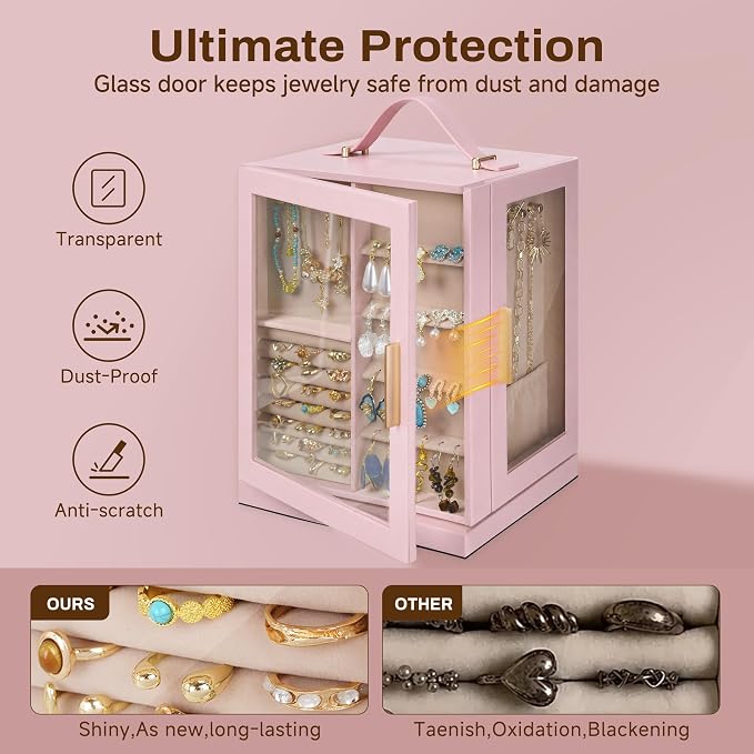 360° Rotating 5‑Drawers Jewelry Box with Top Handle & Glass Window, Spacious Vertical Jewelry Organizer, Jewelry Storage Case, Dustproof & Moisture‑resistant Design. (Pink)