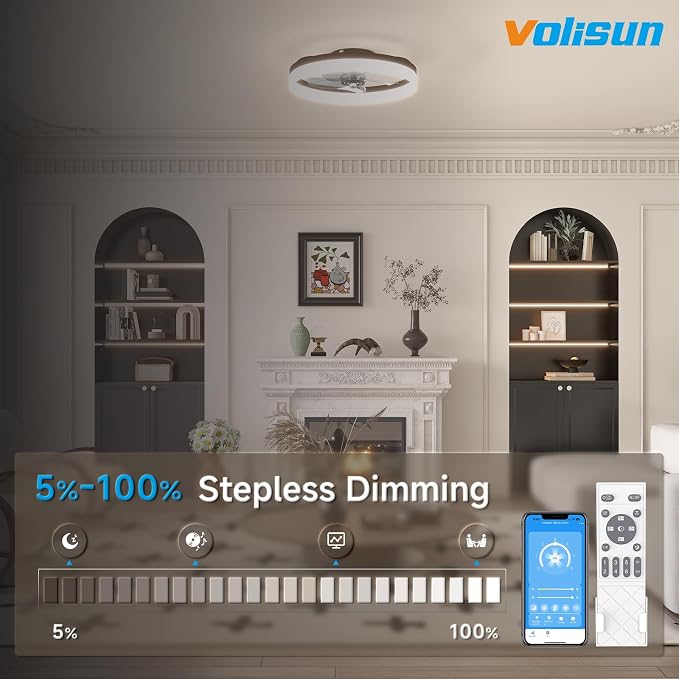 VOLISUN Low Profile Ceiling Fans with Lights and Remote, 19.7in Fandelier Ceiling Fan with Light, 3000K-6500K Dimmable Bladeless LED Fan Light, Brown Flush Mount Ceiling Fans with Lights for Bedroom