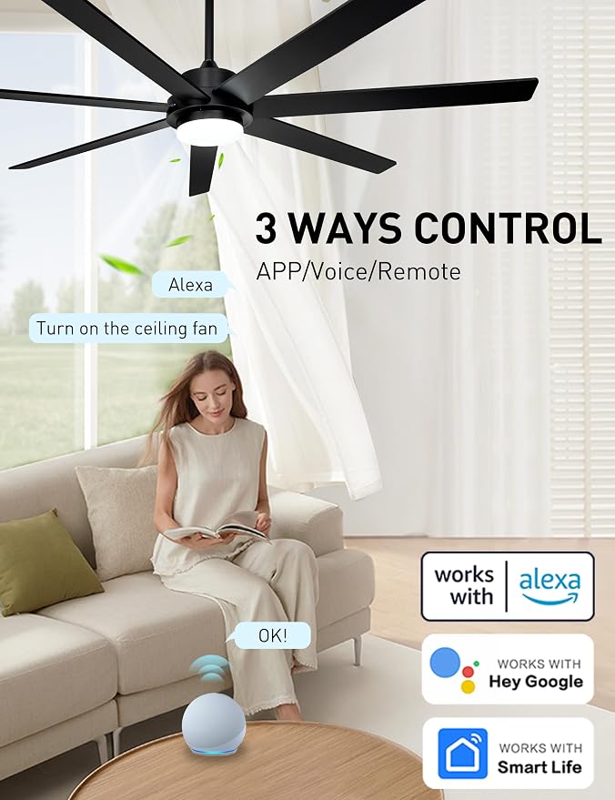 Minislak 65 Inch Black Smart Ceiling Fan with Light and Remote via WIFI Alexa APP Control,Dimmable,Quiet DC Motor Indoor Outdoor Ceiling Fans for Patios or Bedroom