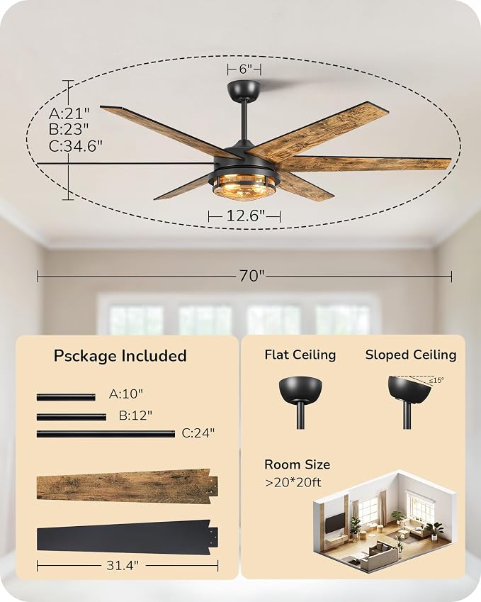 EDISHINE 70" Large Farmhouse Ceiling Fans with Lights and Remote,10%-100% Dimmable, Wood Blades, 8000CFM Indoor Black Ceiling Fan for Living Room Patio Office, 6 Speed Reversible Quiet DC Motor