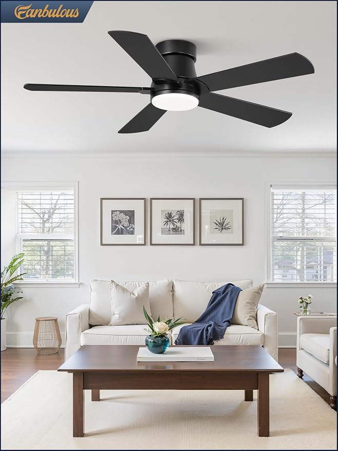 Fanbulous 42” Ceiling Fans with Lights and Remote, Flush Mount Ceiling Fan | Low Profile,Black Modern Ceiling Fan with LED Light, 5 Blades, 3CCT, 6 Speeds,Timer,Bedroom, Indoor, Outdoor,Living room