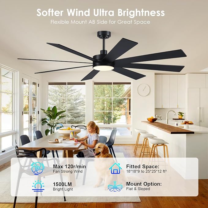 BayDay Farmhouse Rustic Ceiling Fans with Lights and Remote, Bedroom Living Room Kitchen Fans Ceiling with Light Chandier (Black, 72 inch)