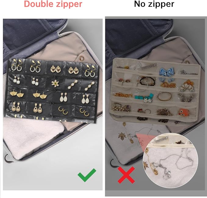 FOREGOER Hanging Jewelry Organizer Storage Roll 88 Zippered Pockets,Dustproof Foldable for Travel,Double-Sided Accessories Organizer Holder for Earring Necklace Ring on Closet Wall Door(Black,1 Pack)