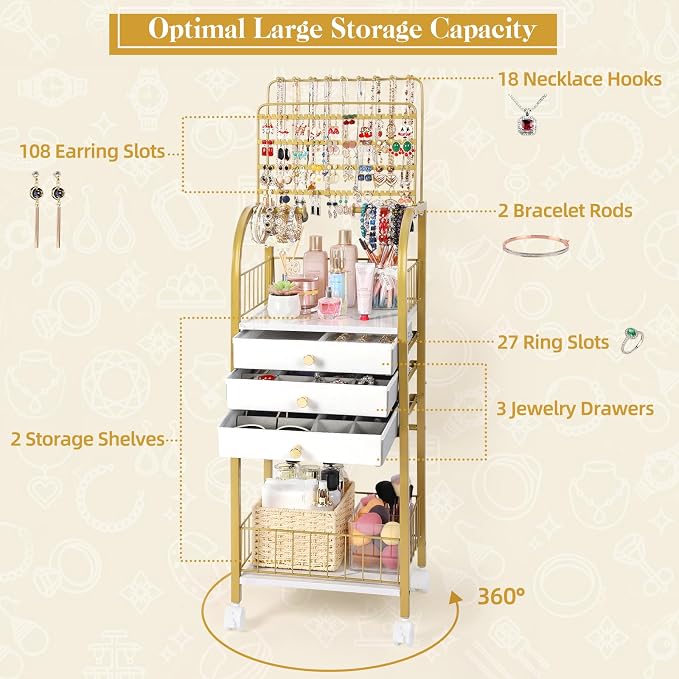 Keebofly Large Floor Jewelry Organizer Stand with 3 Drawers - Gold | Mobile Jewelry Tower Holder with Display, Large Capacity Rack for Necklaces & Rings, Perfect Storage Gift for Women