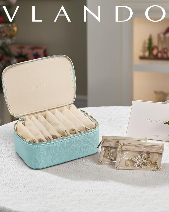 VLANDO Jewelry Travel Case,Travel Jewelry Organizer with Clear Velvet Jewelry Bags 8Pcs Zipper Pouch for Women Girl Gift-Lake Blue