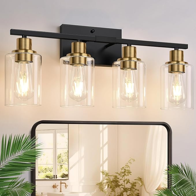Indoi 4-Light Bathroom Light Fixtures, Black and Gold Modern Vanity Lights with Clear Glass Shades, Bathroom Wall Lamp for Mirror Living Room Cabinet Bedroom Porch