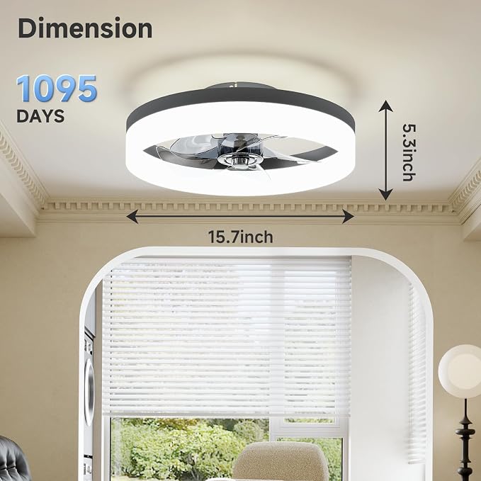 VOLISUN Low Profile Ceiling Fans with Lights and Remote, 15.7in Fandelier Ceiling Fan with Light, 3000K-6500K Dimmable Bladeless LED Fan Light, Black Flush Mount Ceiling Fans with Lights for Bedroom