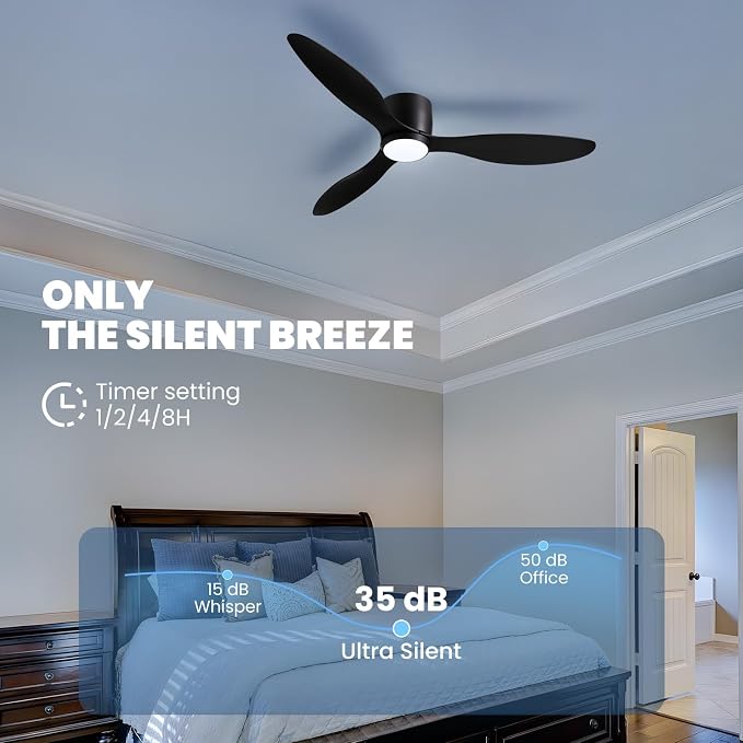 LUDOMIDE Ceiling Fans with Lights,52 Inch Low Profile Ceiling Fan with Wall Control and Remote Control,Dimmable,Flush Mount Ceiling Fan with Noiseless DC Reversible Motor for Bedroom Indoor Use