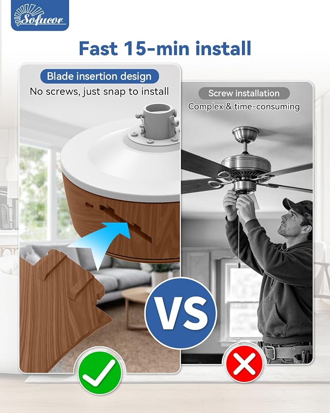 Sofucor 42 Inch Ceiling Fans with Lights-Modern Small Bedroom Ceiling Fan with Remote Control, Plug-in Blades Quick Install,Reversible Quiet DC Motor,Outdoor Ceiling Fan for Kitchen/Living Room/Patios