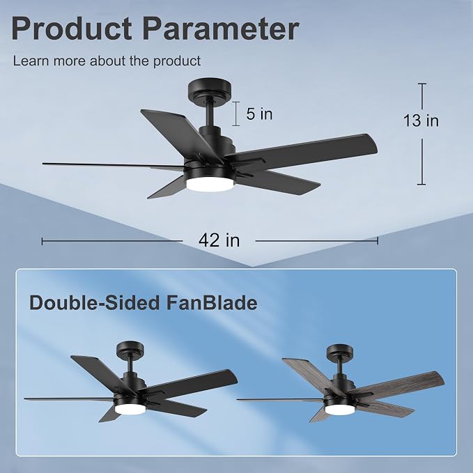 42 Inch Black Ceiling Fan with Light and Remote Control,Dimmable 3 Color Temperatures LED Ceiling Fan,6 Speeds Reversible DC Motor,5 Blades Modern Ceiling Fans for Indoor or Covered Outdoor