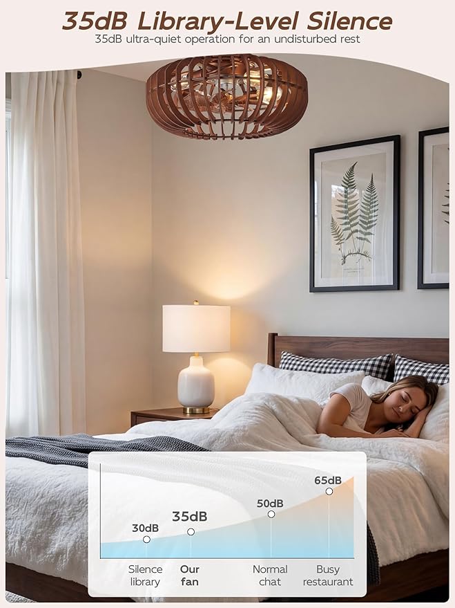 20" Wood Ceiling Fans with Lights Flush Mount, Caged Farmhouse Rustic Ceiling Fan with Light Remote Control, Wooden Low Profile for Bedroom, Living Room, Nursery