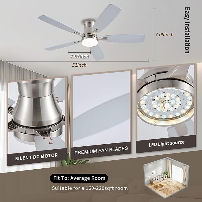 FUMLTP Ceiling Fans with Lights, 54inch RGB Low Profile Ceiling Fan with Light and Remote/App Control, Flush Mount, Dimmable, Reversible DC Motor, Noiseless, 6 Speeds Nickel Ceiling Fan for Bedroom