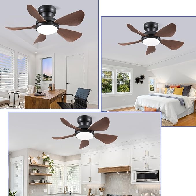 Kviflon 32 Inch Modern Ceiling Fans with Lights, Small Flush Mount Ceiling Fan with Light, Remote Control, 5 Reversible Curved Blades, 6 Speeds, 3 CCT Dimmable LED Lights for Kids Room Bedroom, Brown