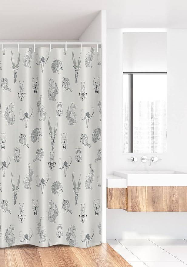Ambesonne Grey Stall Shower Curtain, Illustration of Weird Forest Animals in Retro Style Rabbit Fox Dear Wild Life Boho Artwork, Fabric Bathroom Decor Set with Hooks, 36" W x 72" L, Grey