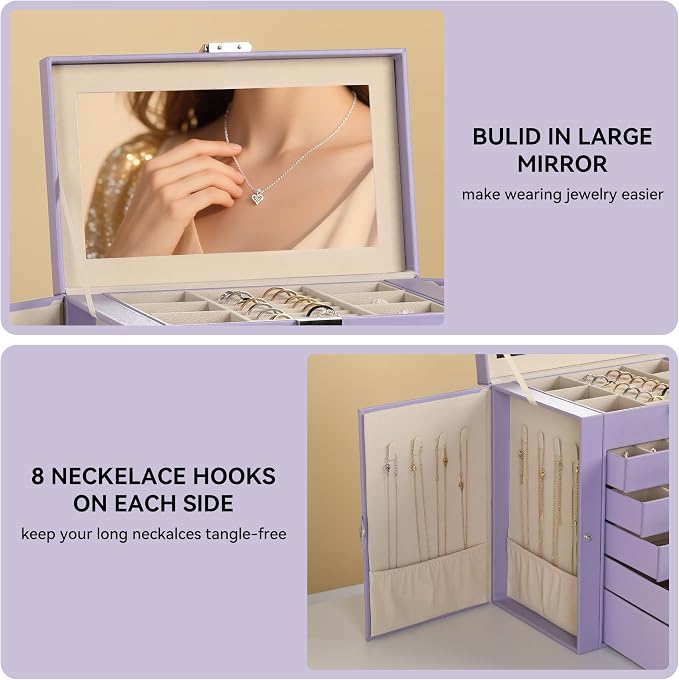 Frebeauty 6-Layer Jewelry Box for Women,Large Jewelry Organizer with Drawer | Faux Leather,Built-in Mirror,Spacious Jewelry Storage,16 Necklace Hooks,Organizing by Category for Rings Earrings Bracelet