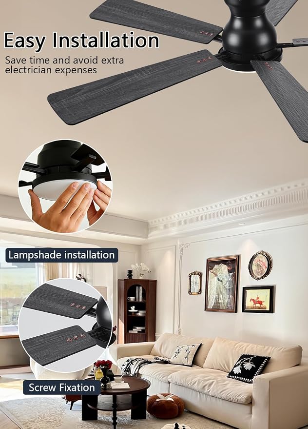 JSAITEE Ceiling Fans with Lights, 52Inch Low Profile Ceiling Fan with Light and Remote/App Control, Modern Flush Mount Black Ceiling Fan, 3CCT Dimmable, Reversible DC Motor, for Living Room,Bedroom