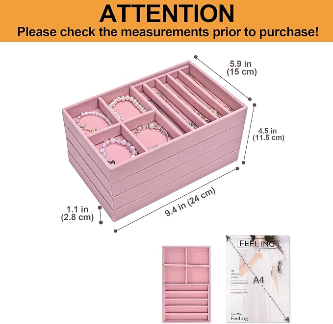 ProCase Stackable Jewelry Organizer Trays for Drawers, Jewelry Drawer Inserts Container Display Case Storage for Earring Necklace Rings Bracelet with Removable Dividers -Dustypink, 4 Layers