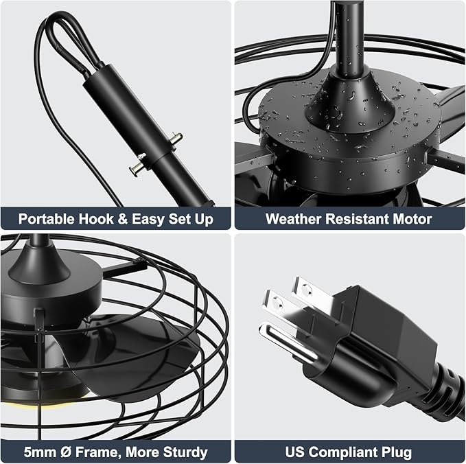 Coolbull 20'' Black Outdoor Ceiling Fans with Light for Gazebos, Patios | IP63 Waterproof, Plug and Play, Remote/APP Control, 3 CCT Dimmable, Enclosed Caged Fan with Hanging Hook
