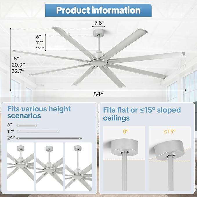 84 Inch Garage Ceiling Fan,Large Ceiling Fans with 6 Speed Timer Remote Control,DC Reversible Motor, 3 Downrods, 8 Blades Industrial Big Ceiling Fan No Light for Big Rooms,Patio,Shop,Warehouse, Silver