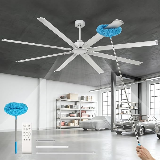 96 Inch Industrial Ceiling Fan No Light, Large Shop Fan with 8 Aluminum Blades, Quiet Reversible DC Motor,6 Speed Remote Control,3 Downrods, Silver Outdoor Ceiling Fans for Patios,Garage,Gym,Warehouse