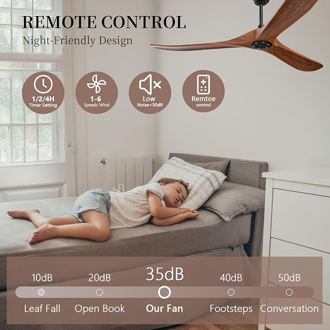 Obabala 52 Inch Ceiling Fan No Light, Wood Indoor Outdoor Ceiling Fans Without Lights, Modern Propeller Exterior 3 Blade Wooden Fan for Patios Bedroom Living Room Porch(Walnut)