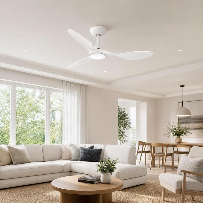Roomratv Ceiling Fans with Lights and Remote Control,Quiet Noiseless Reversible DC Motor,6 Speeds,Timers, 3 CCT, Indoor Use, Plastic Blades,42 Inch White Modern Ceiling Fan for Bedroom Living Room