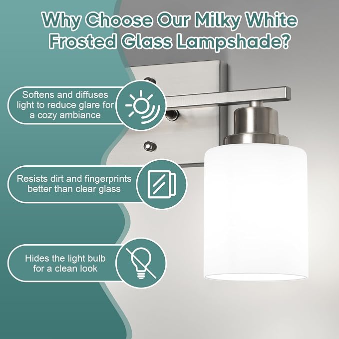 Ascher Bathroom Light Fixtures, 2-Light Vanity Light Over Mirror, Brushed Nickel Wall Sconces with Milky White Frosted Glass Shades, Wall Lamp for Living Room Bedroom, E26 Base(Bulbs Not Included)
