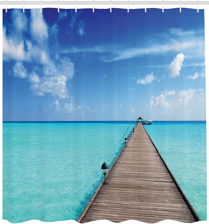 Ambesonne Tropical Shower Curtain, Wooden Jetty Over Clear Maldivian Sea Tropical Beach Vacation Travel Image, Cloth Fabric Bathroom Decor Set with Hooks, 69" W x 75" L, Aqua Blue Umber