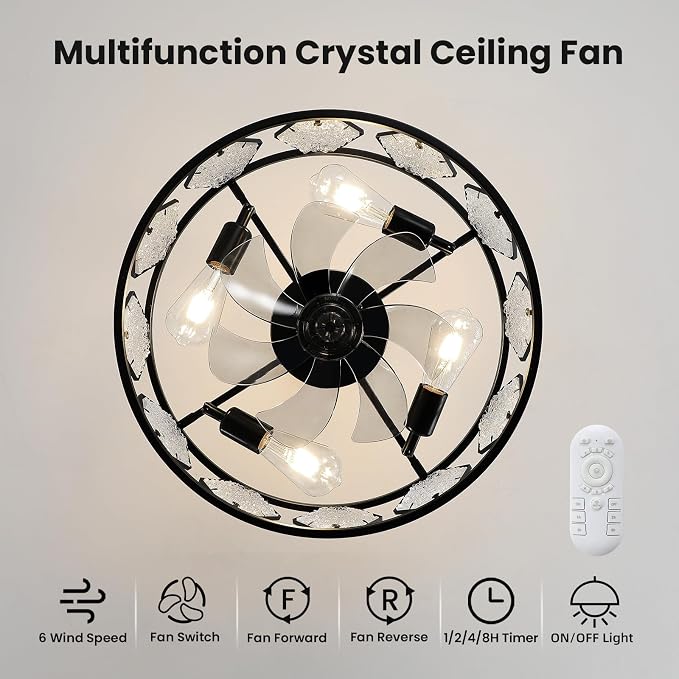 Crystal Caged Ceiling Fans Lights: 18.9'' Farmhouse Fandelier Ceiling Fan with Remote 6 Speeds Black Semi Flush Mount Industrial Chandelier Modern Low Profile Ventilador de Techo for Bedroom Kitchen