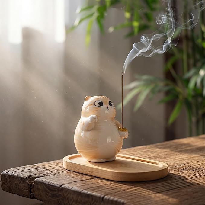 Cat Incense Holder - Cute Ceramic Incense Burner with Bamboo Ash Catcher Tray, Orange Tabby Cat Meditation Decor for Home Office, Zen Desk Accessories (3.4" L x 2.8" W x 3.5" H)