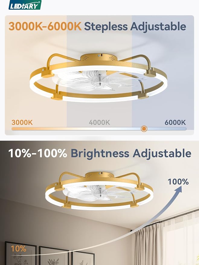 LEDIARY Ceiling Fans with Lights and Remote, 24'' Low Profile Ceiling Fan with Light, 3000-6000K Dimmable Fandelier LED Fan Light, 6 Wind Speeds, Gold Modern Flush Mount Ceiling Fan for Bedroom