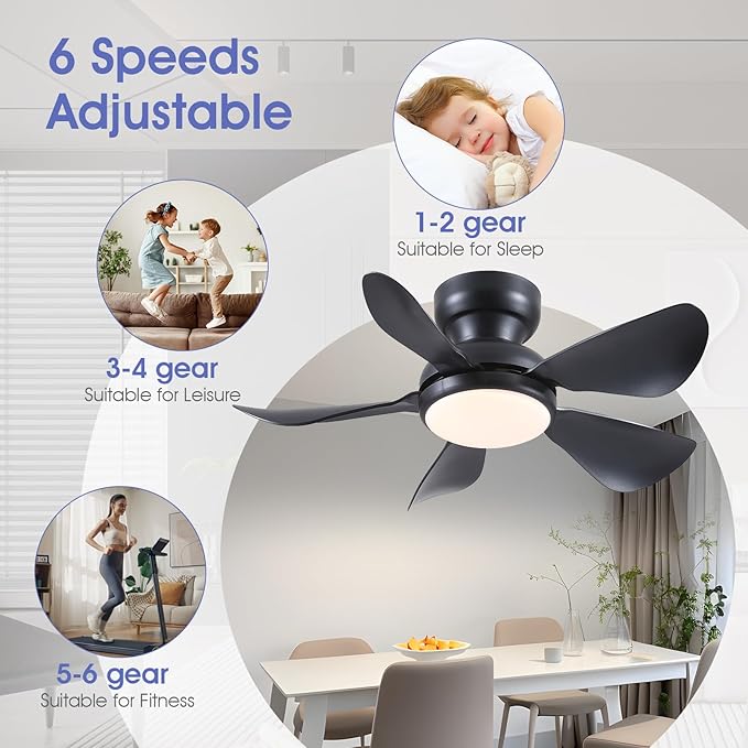 Kviflon 32 Inch Modern Ceiling Fans with Lights, Small Flush Mount Ceiling Fan with Light Remote Control, 5 Reversible 6 Speeds Curved Blades, 3 CCT Dimmable Lights for Kids Room Bedroom, Black