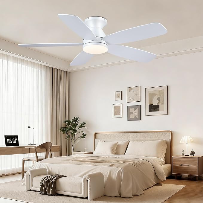 JSAITEE Flush Mount Ceiling Fans with Lights - 48in Low Profile Ceiling Fan with Light and Remote, DC Motor Quiet Operation, 3CCT Dimmable, Timer, Modern Fan Light for Indoor, Bedroom, Kitchen, White