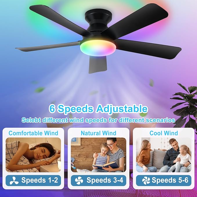 Depuley Ceiling Fan with RGB Light: 42-Inch Black Small Fans for Bedroom Indoor Outdoor - Dimmable Low Profile Ceiling Fans with Remote Control Flush Mount 5 Reversible Black Blades 6 Speeds Timer