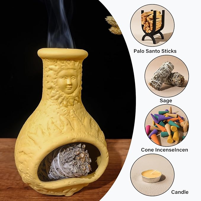 MOUGIGI Palo Santo Burner Holder,Yellow Mini Chiminea with Chimney Handmade Smudge Bowl fits sage, Incense Cones, Sticks, Small Candle; with ash Collection. Great for Zen Meditation, Altar Fireplace