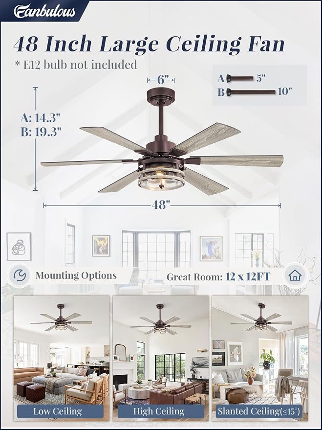 Fanbulous 48 Inch Farmhouse Ceiling Fan with Light & Remote,Oil Bronze | Powerful 6-speed reversible DC motor, Industrial 6 dual-finish blades. Ideal for living room, bedroom, patio, garage.
