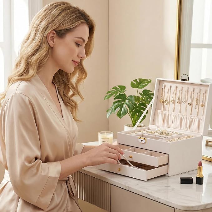 3 Layer Jewelry Box Organizer with Drawers, Lockable Holder for Women Girls | Large Capacity Storage Case with Velvet Lining, Earring Slots, Ring Cushions, Necklace Hooks, Elegant Gift for Mom