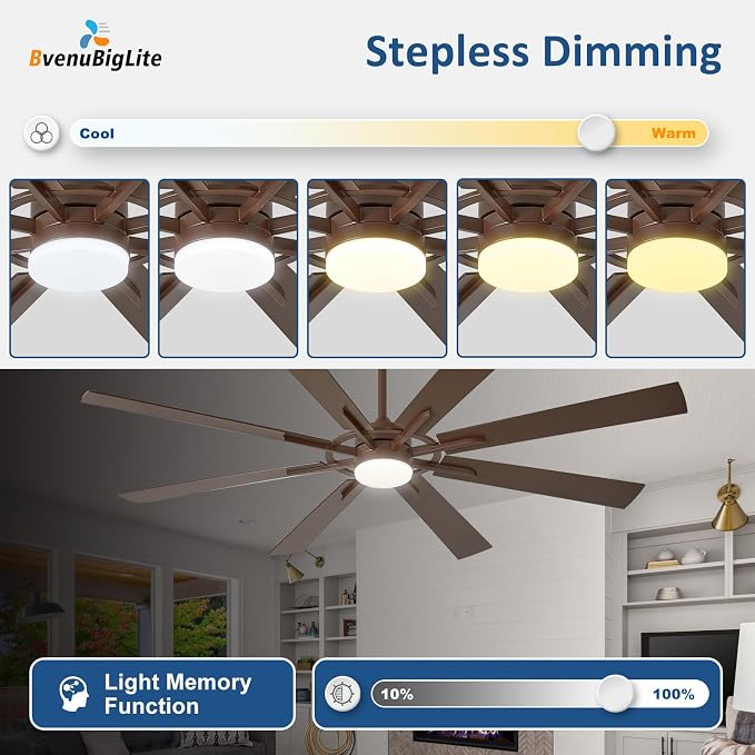 Large Ceiling Fans with Lights: Modern 72 Inch 8 Blade Outdoor Ceiling Fan with Remote APP Control - Dimmable Big Fan light Indoor Reversible 6 Speed Quiet DC Motor
