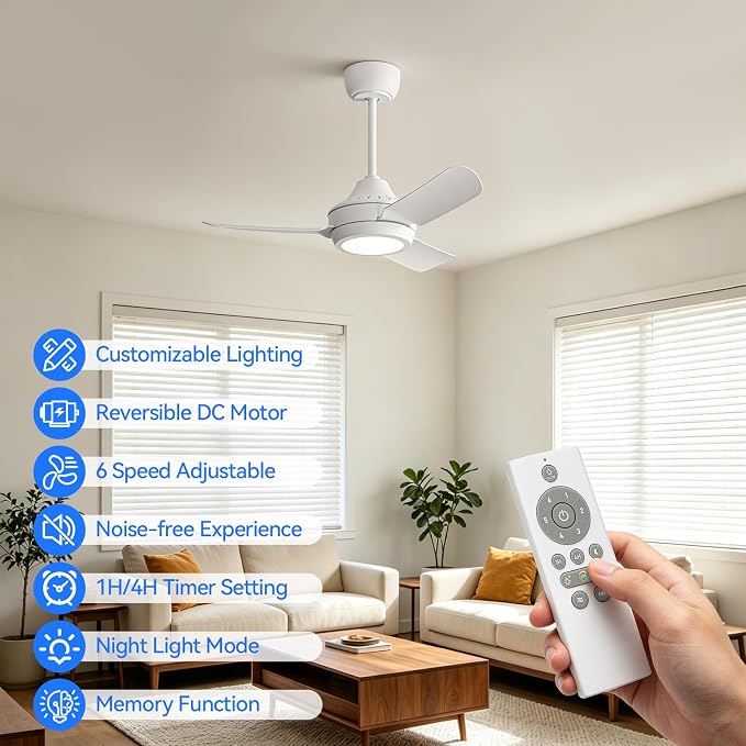 36" Ceiling Fans with Lights,Low Profile Ceiling Fan with Lights and Remote Control,Smart Ceiling Fan,Noiseless Reversible DC Motor,3 Blade White Ceiling Fans,Ceiling Fan for Indoor/Outdoor