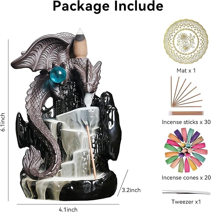 Ceramic Backflow Incense Holder, Waterfall Incense Burner with 20 Backflow Incense Cones + 30 Incense Stick, Dragon Backflow Incense Burner for Aromatherapy Ornament Home Decor