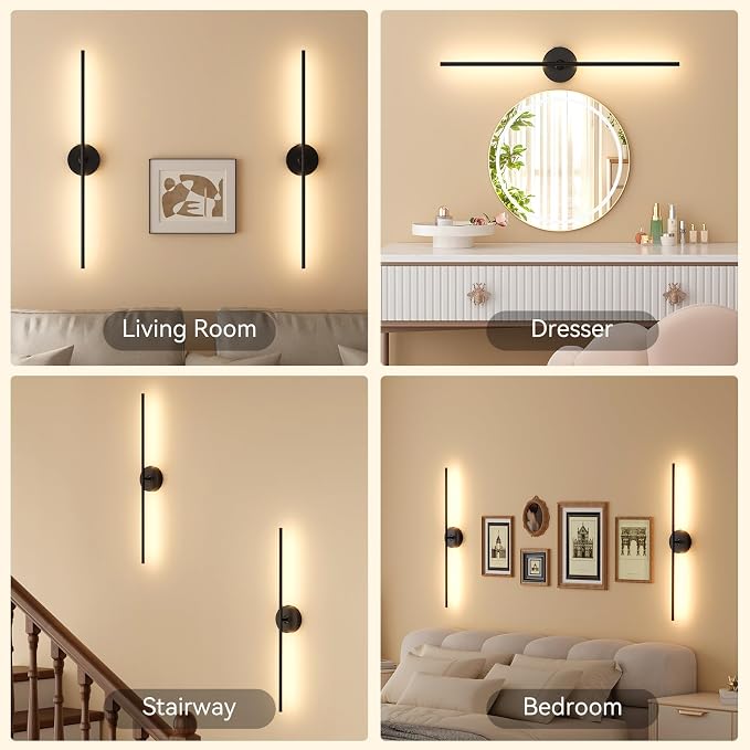 Ouyulong Battery Operated Wall Sconces Set of 2, 8000mAh Wireless Rechargeable 3000-6000K Dimmable 350° Rotate Wall Light with Remote for Living Room, Bedroom 31.6in Black