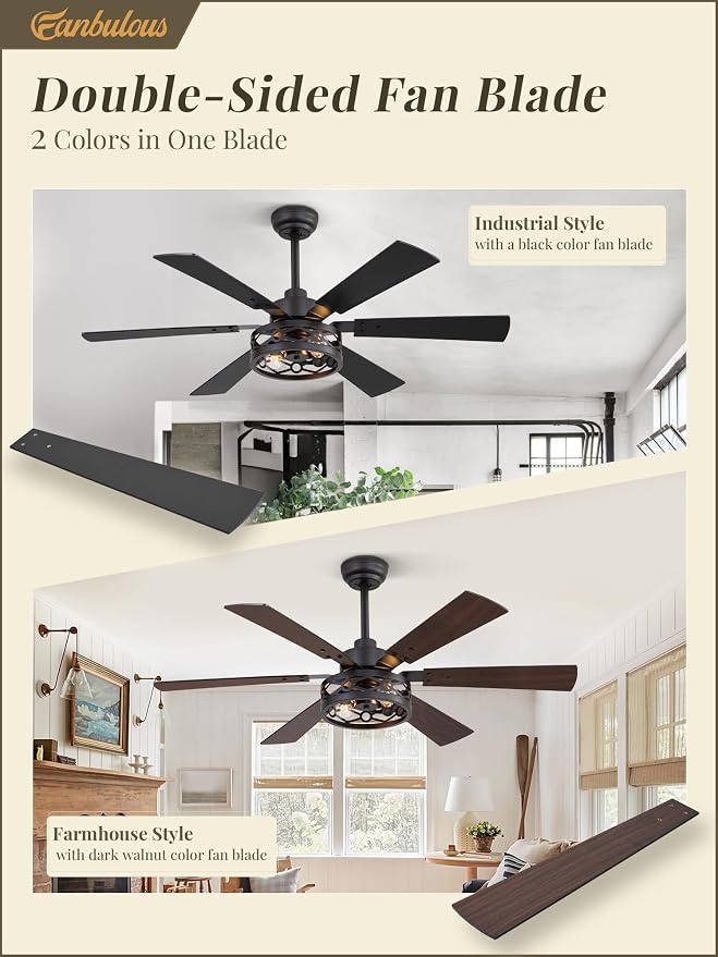 Fanbulous 50 Inch Ceiling Fan with Lights, Farmhouse Caged Ceiling Fans with Remote, Black Industrial Ceiling Fans with Quiet Reversible DC Motor, Small Ceiling Fan for Living Room, Bedroom